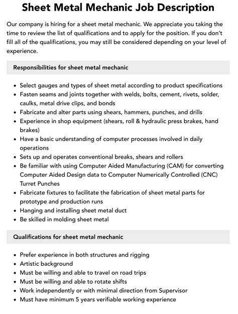 sheet metal technician job description